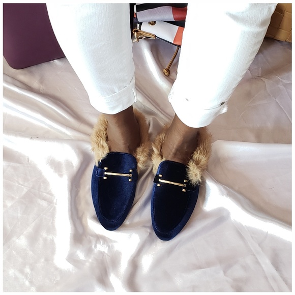 Navy Faux Fur Mule - Picture 2 of 3